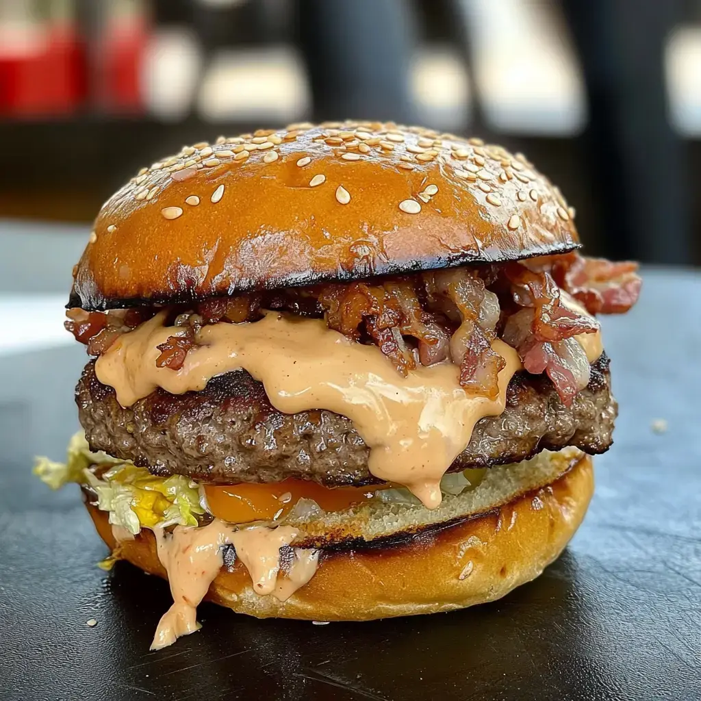 Un primer plano de una jugosa hamburguesa con pan de semillas de sésamo, queso derretido, tocino y una salsa cremosa, sobre una superficie oscura.