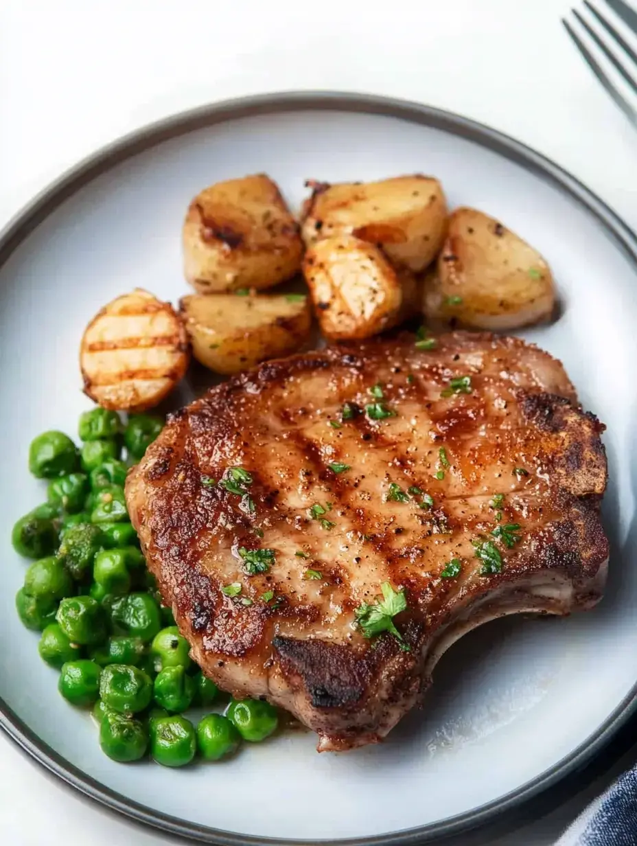 Chuleta de cerdo a la parrilla servida en un plato con guisantes y patatas asadas.