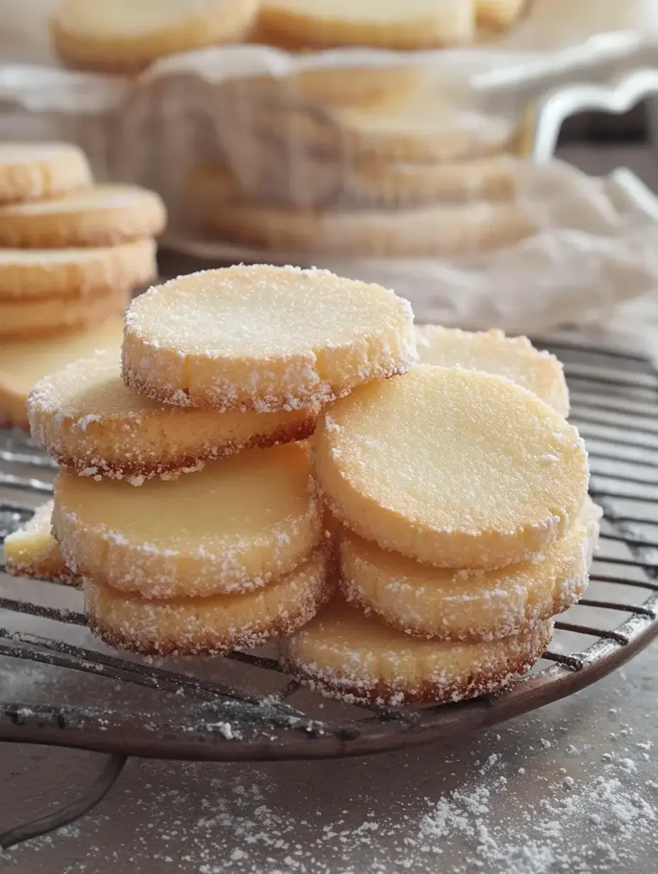 Unas galletas redondas con azúcar en una rejilla, y más detrás.