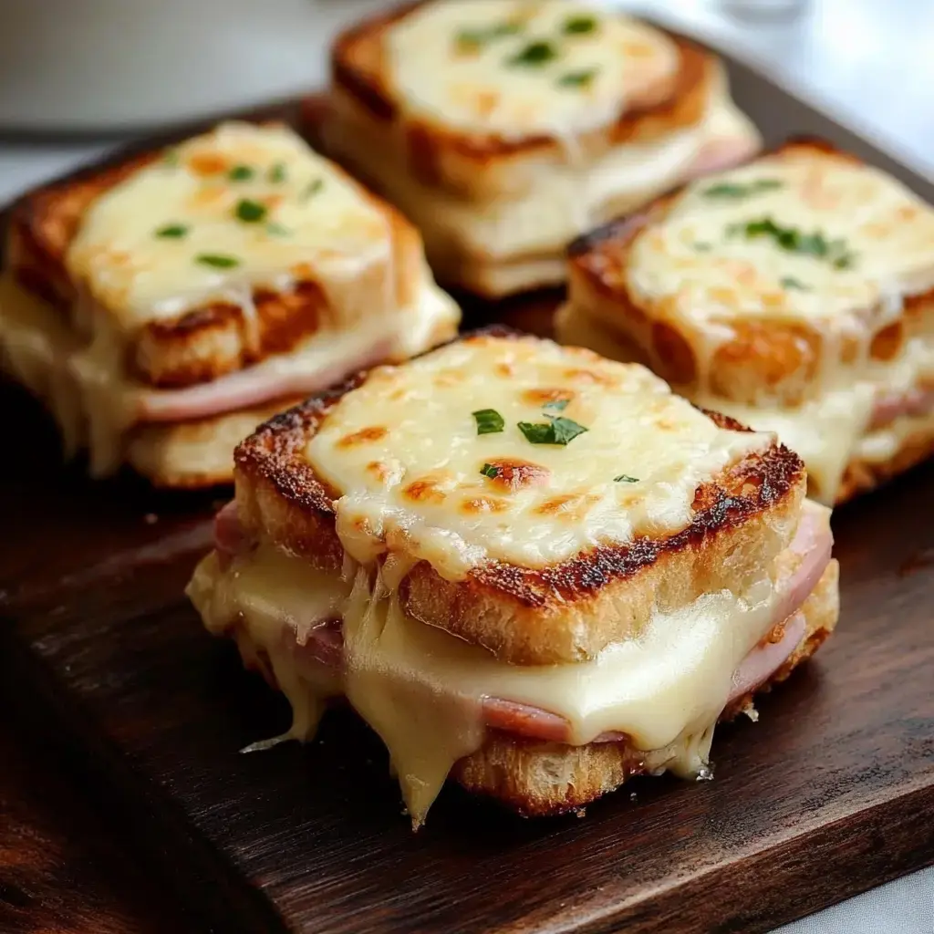 Un primer plano de sándwiches a la plancha con queso derretido y jamón, adornados con perejil, servidos en una bandeja de madera.