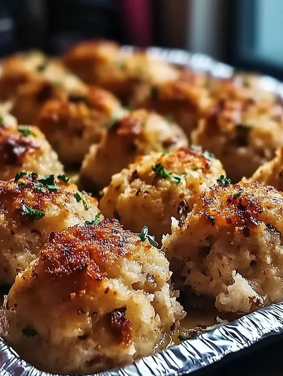Bolitas doradas de pan relleno decoradas con hierbas verdes en bandeja metálica.