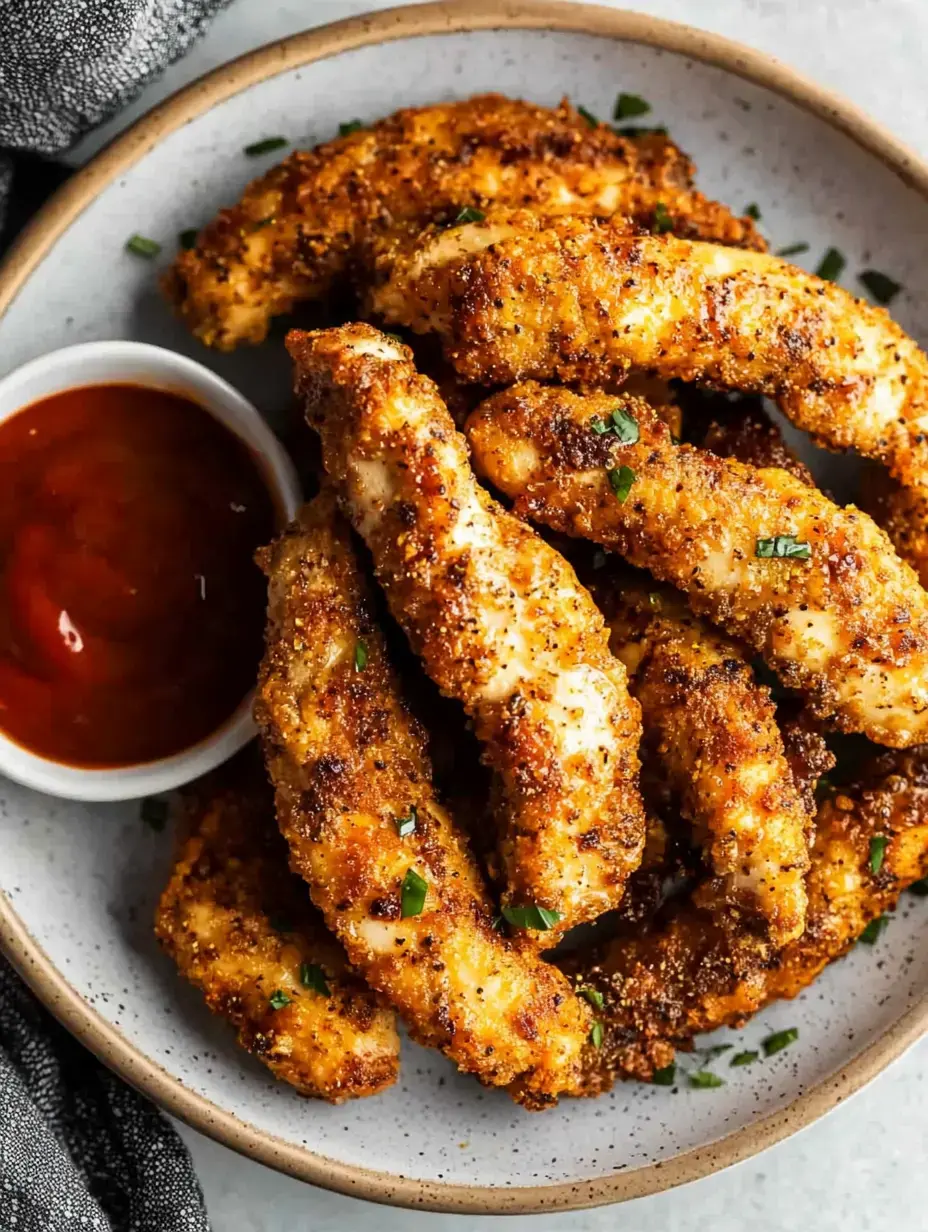 Un plato de tenders de pollo crujientes y dorados, decorados con hierbas frescas y acompañados de una salsa para mojar.