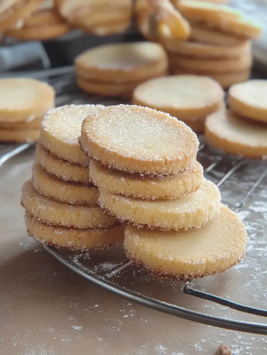 Galletas redondas y azucaradas en una rejilla, más galletas de fondo.