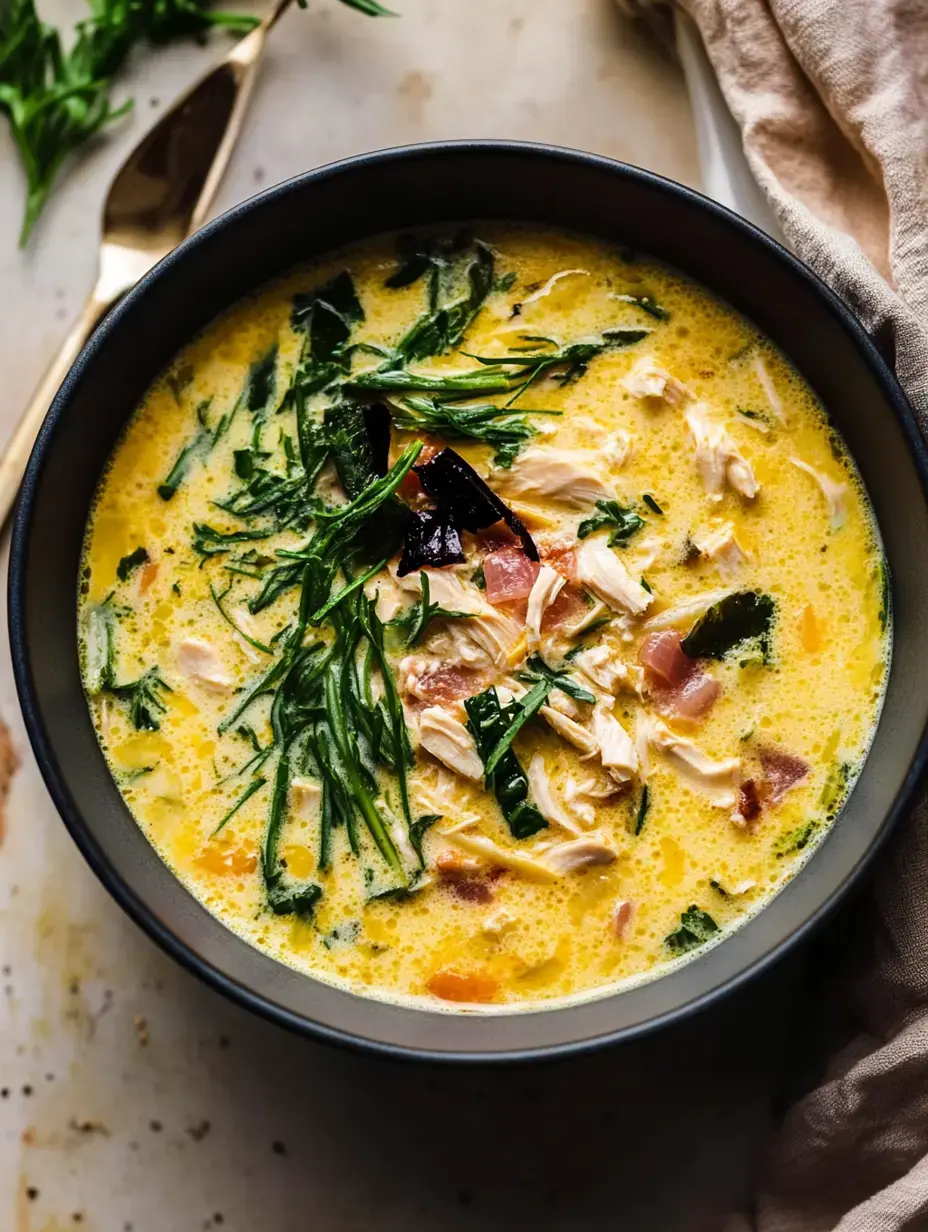 Un plato hondo con sopa cremosa, pollo desmenuzado, verdes y el caldo amarillo brillante.