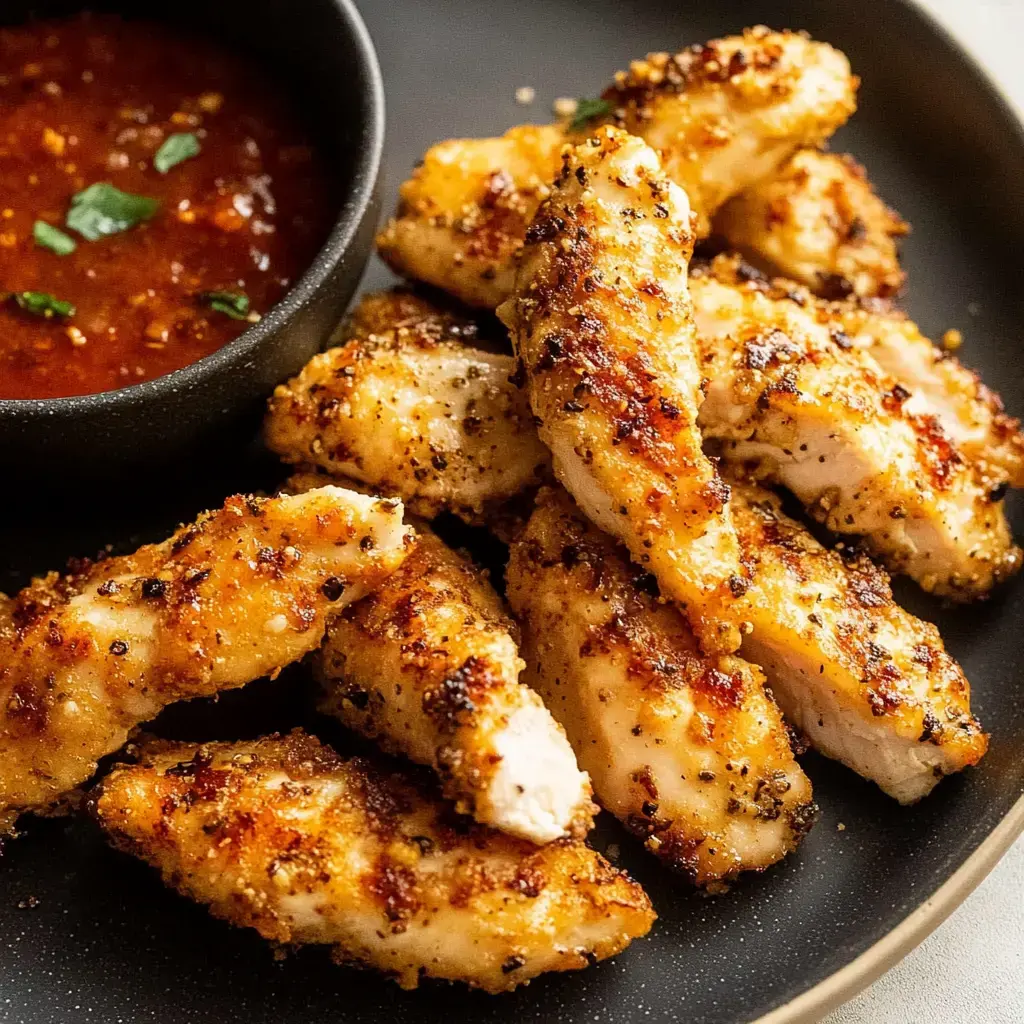 Un plato de tenders de pollo crujientes y dorados, servido con un bol pequeño de salsa roja para mojar.