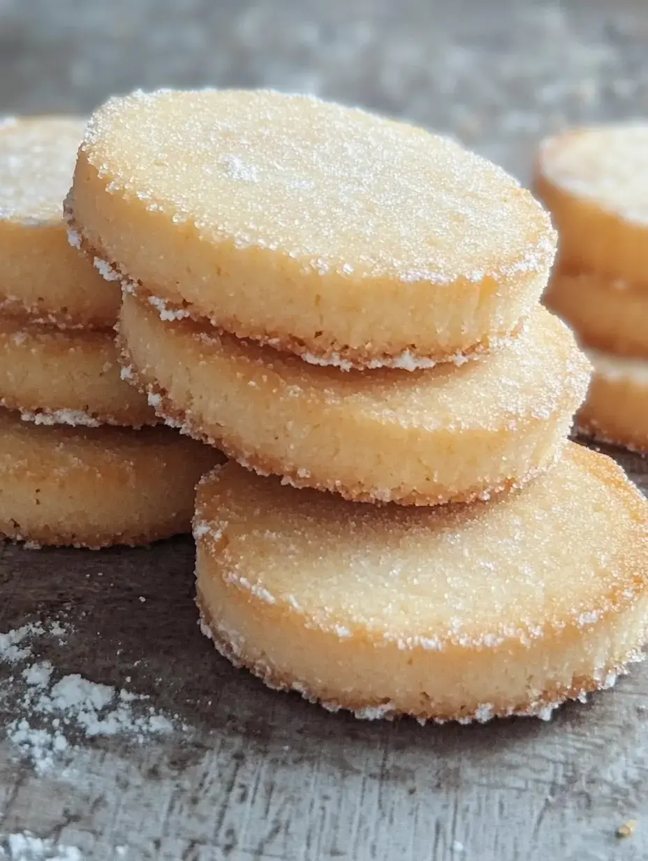 Unas galletas de mantequilla redondas azucaradas apiladas sobre una mesa de madera.