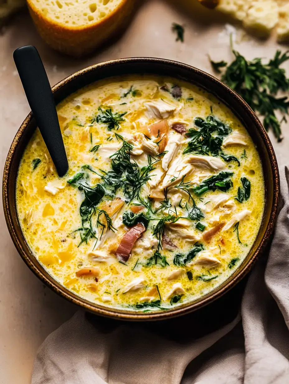Vistazo de cerca a una sopa cremosa de pollo y espinaca con hierbitas frescas y pan al lado.
