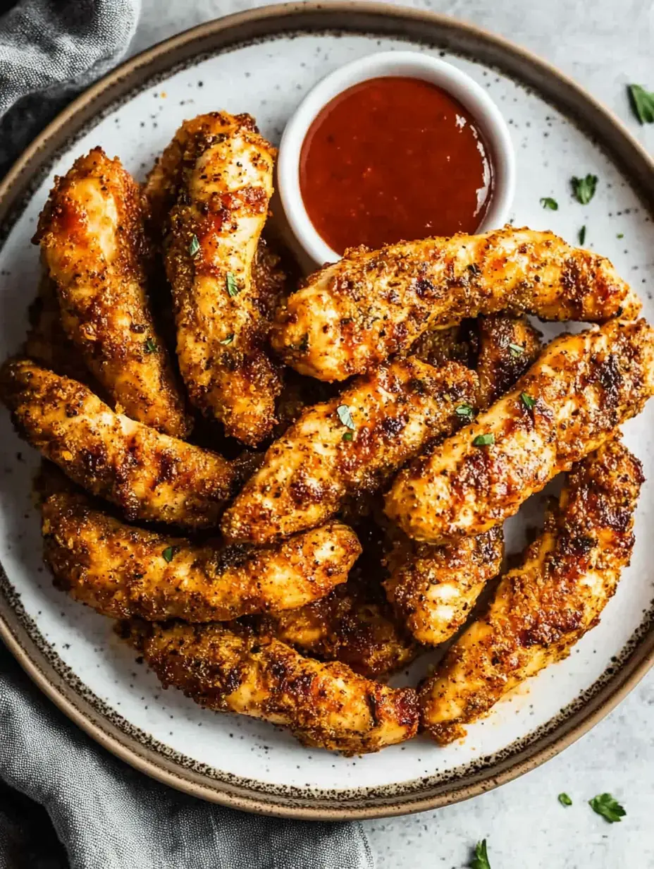 Un plato de tiras de pollo doradas y crujientes con una salsa para mojar al lado.