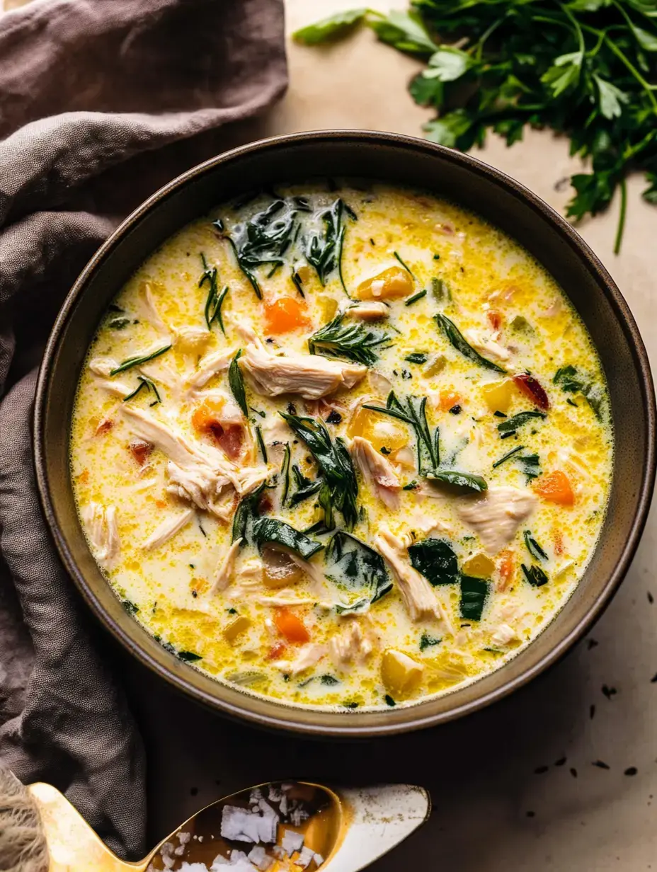 Vistazo cercano de sopa cremosa de pollo con verduras y mucha espinaca, al lado una cuchara con sal.