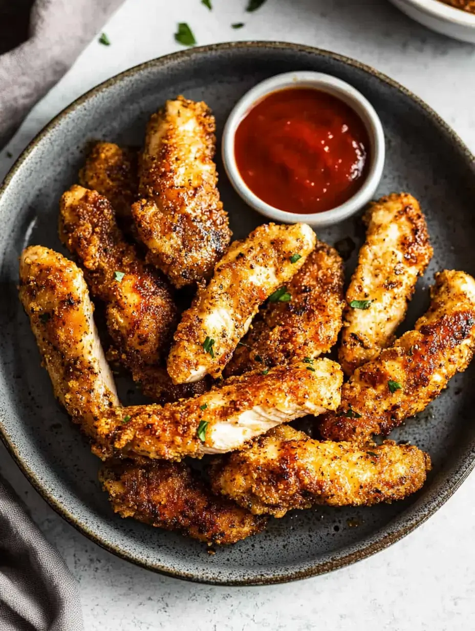 Un plato de solomillos de pollo dorados junto a un bol pequeño con salsa para mojar.