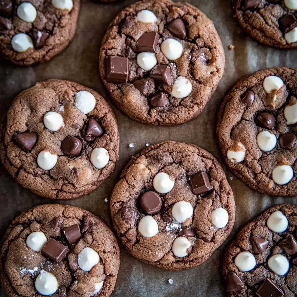 Vista en primer plano de galletas de chocolate con trozos de chocolate oscuro y blanco encima, acomodadas sobre papel encerado.
