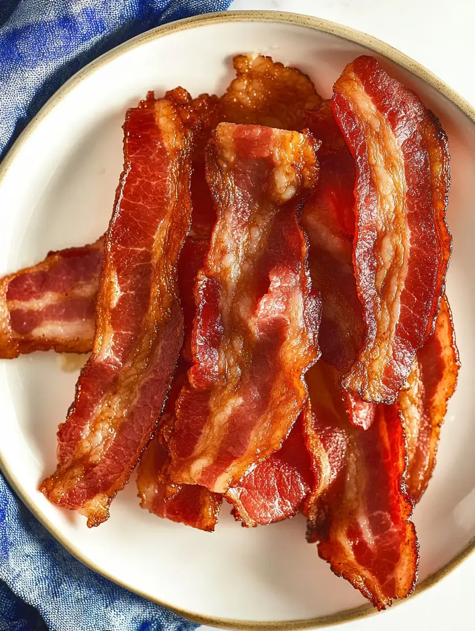 Un plato con tiras de bacon crujiente servido en un plato blanco, ordenadas con cuidado.