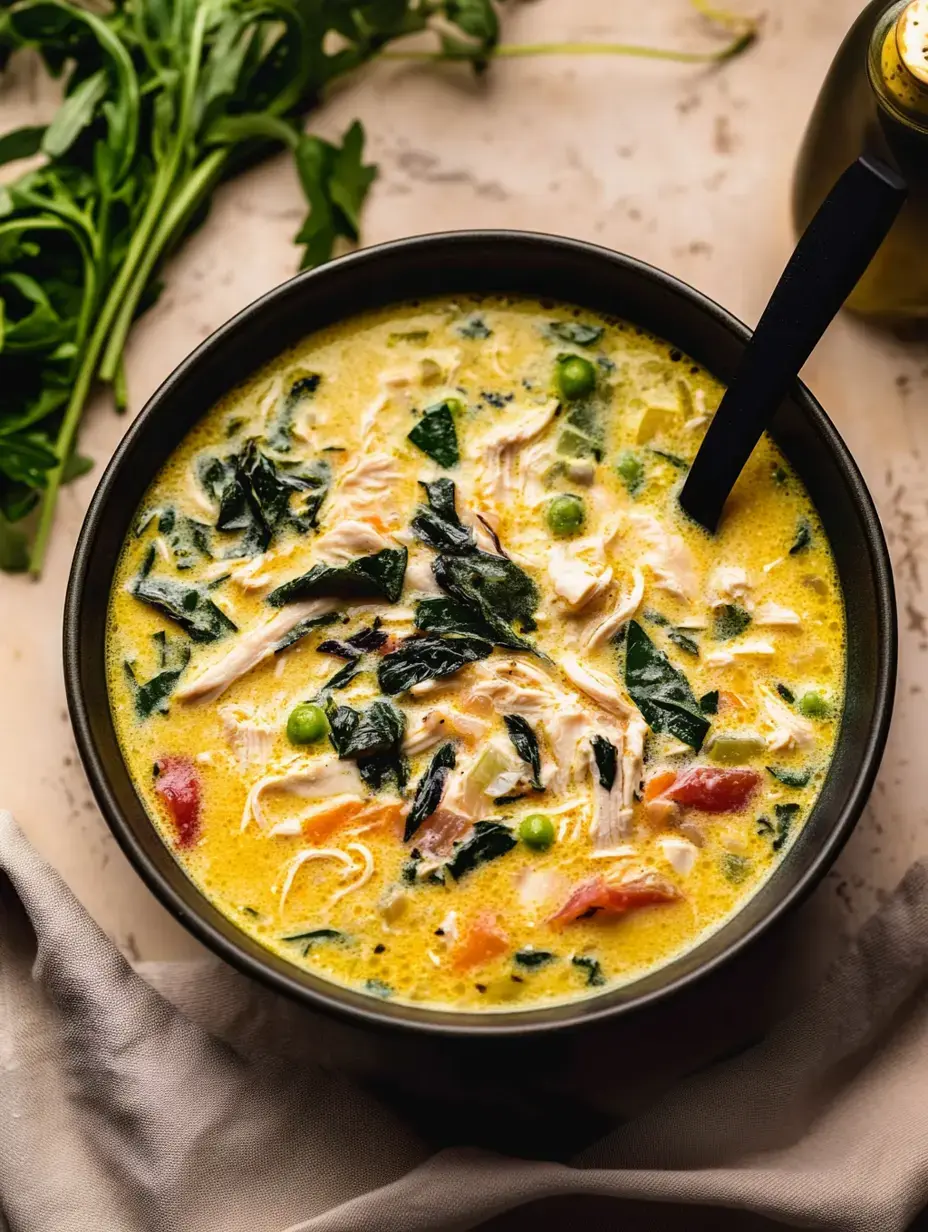 Primer plano de sopa cremosa de pollo con verduras, guisantes y tiras de pollo deshebrado contra fondo rústico y ramita de verdes.