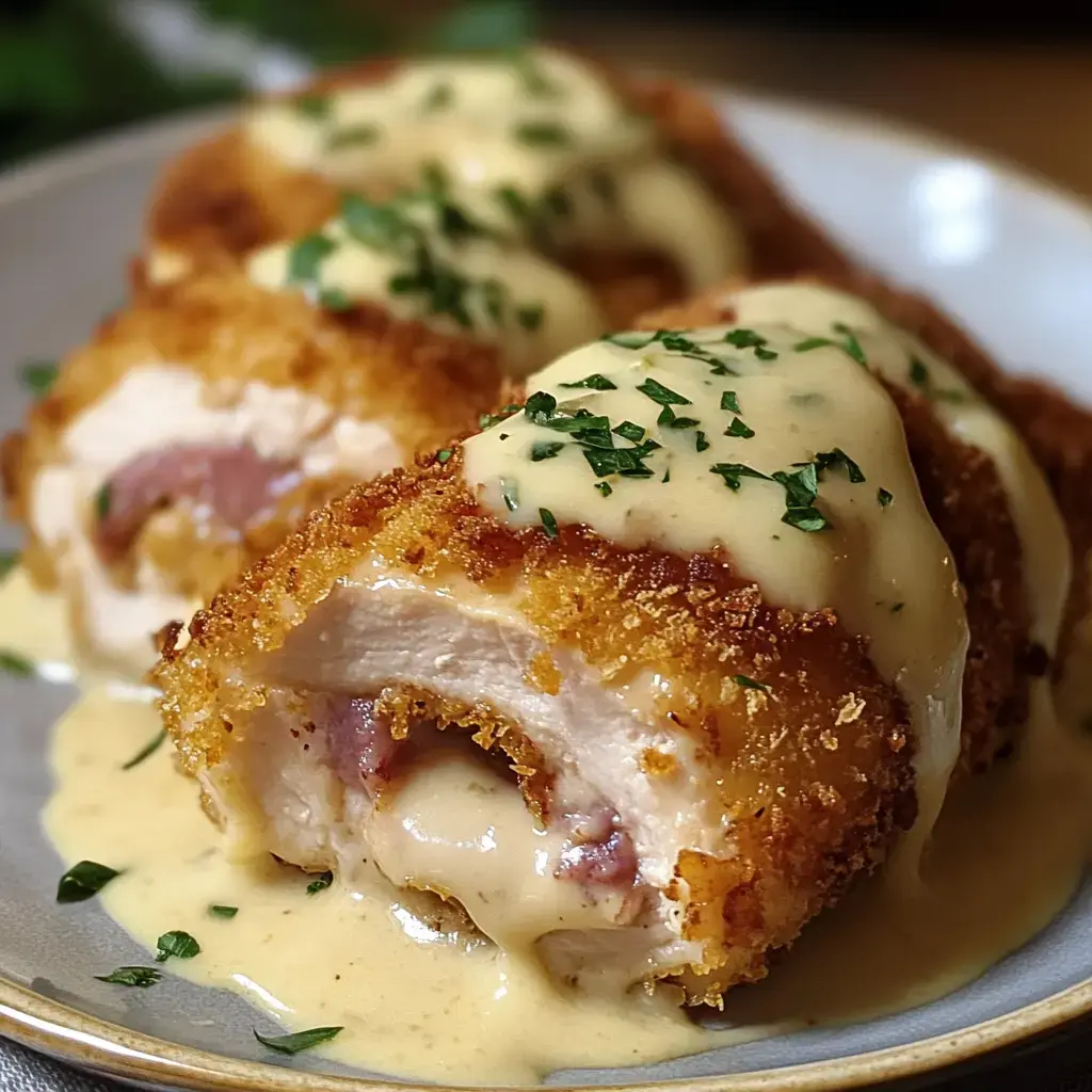 Un plato con rollos de pollo empanizados rellenos de jamón y queso, bañados en salsa cremosa y con perejil encima.