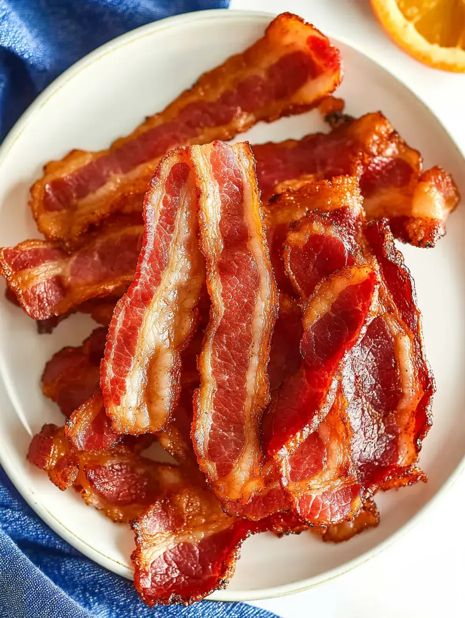 Tiras crujientes de bacon en un plato blanco, acompañadas de un paño azul y una rodaja de naranja en segundo plano.