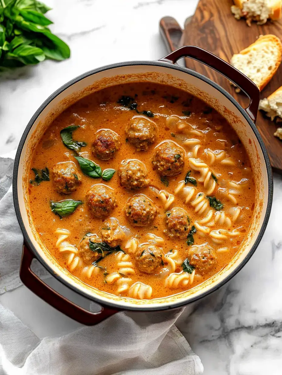 Una olla llena de pasta cremosa con albóndigas y espinaca sobre mármol, con una rebanada de pan en una tabla de madera.