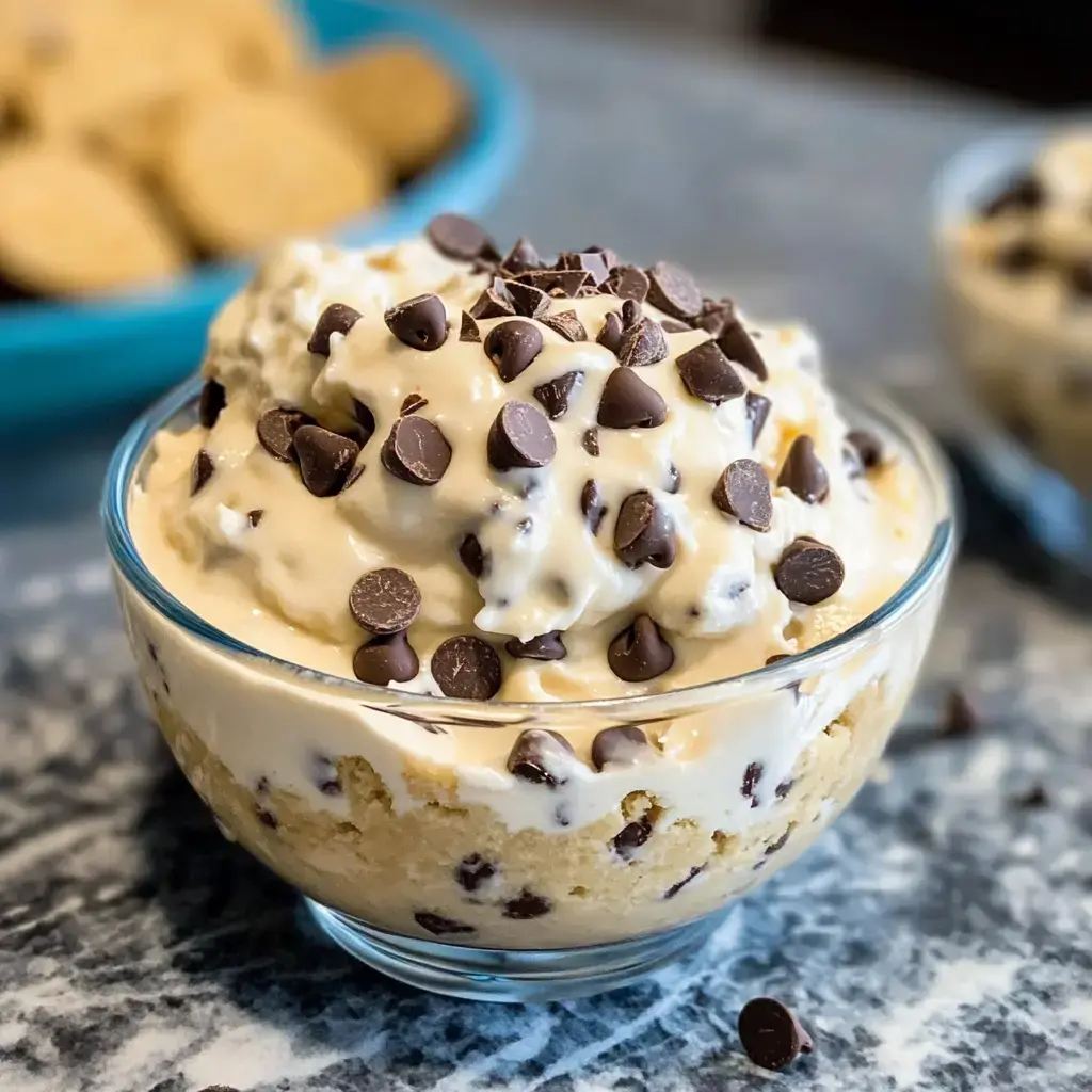 Un bowl de cristal con pudín cremoso y chispas de chocolate, decorado con más chispas encima y de fondo unas galletas desenfocadas.