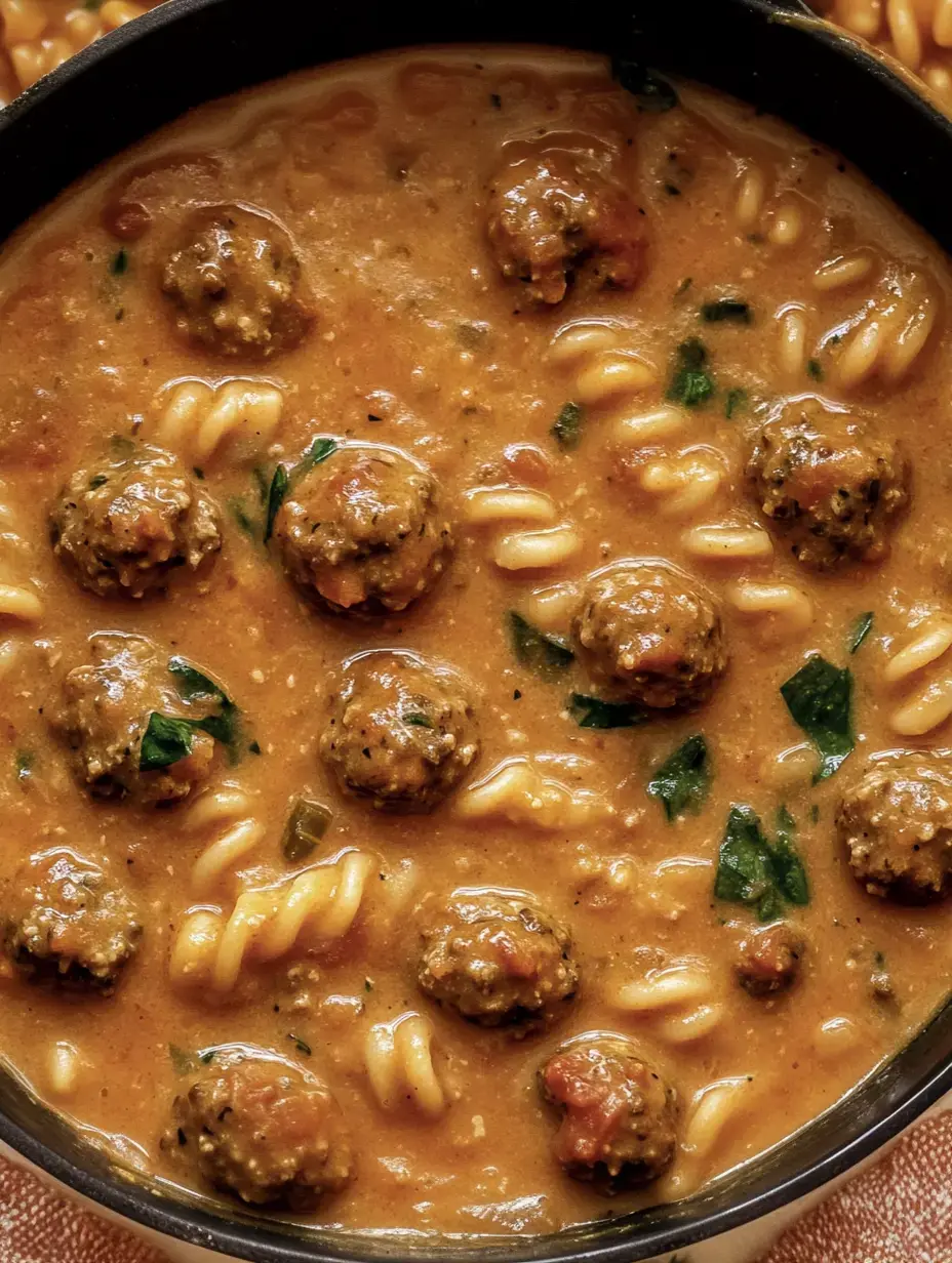 Un cuenco de sopa potente con albóndigas, pasta espiral y hierbas verdes en un caldo sabroso.