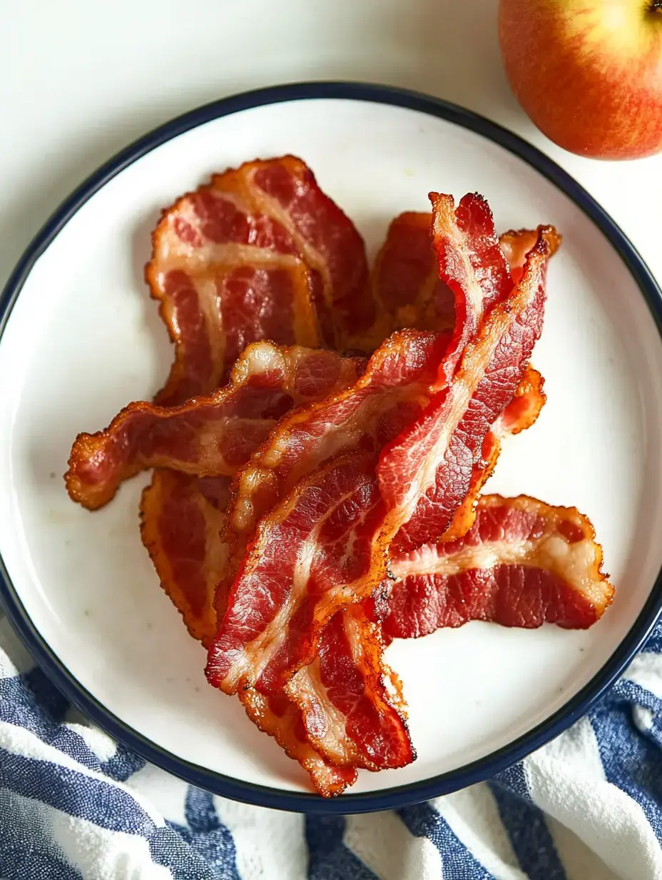 Un plato con tiras de bacon crujiente, acompañado de una manzana roja al lado.
