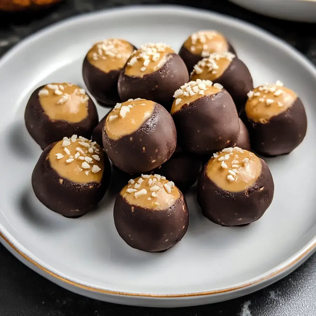 Un plato de bolitas energéticas cubiertas de chocolate, decoradas con crema de cacahuate y un poco de sal gruesa.