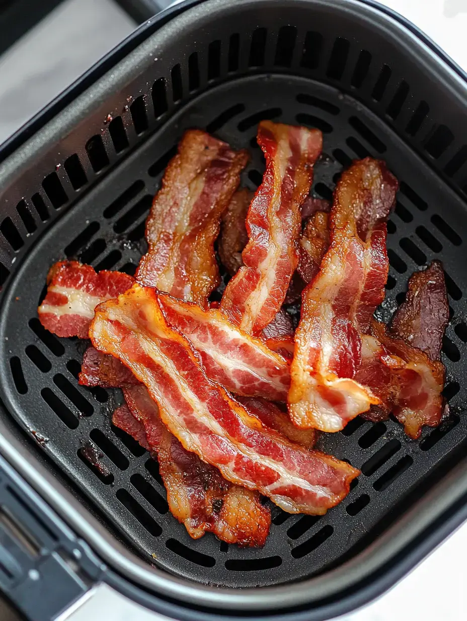 Tiras crujientes de bacon ya hechas sobre la cesta negra de la freidora de aire.