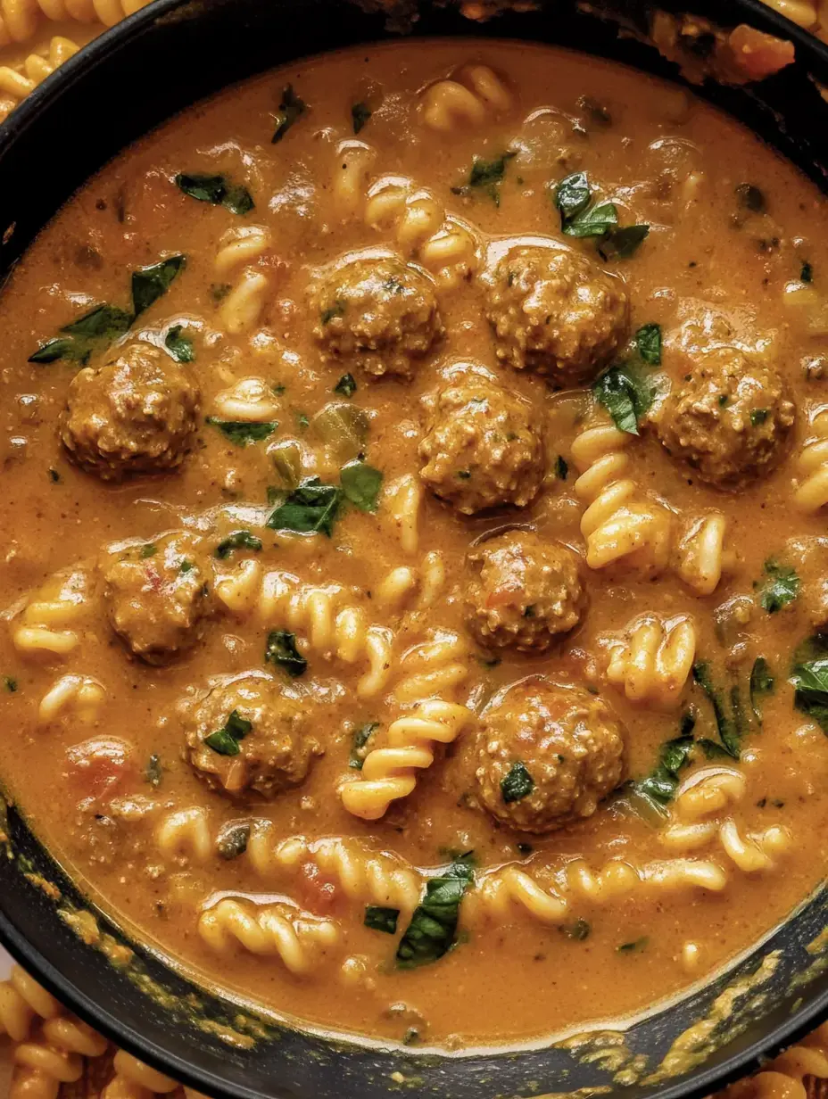 Cerca de un bol con pasta, albóndigas y salsa cremosa con hierbas por encima.