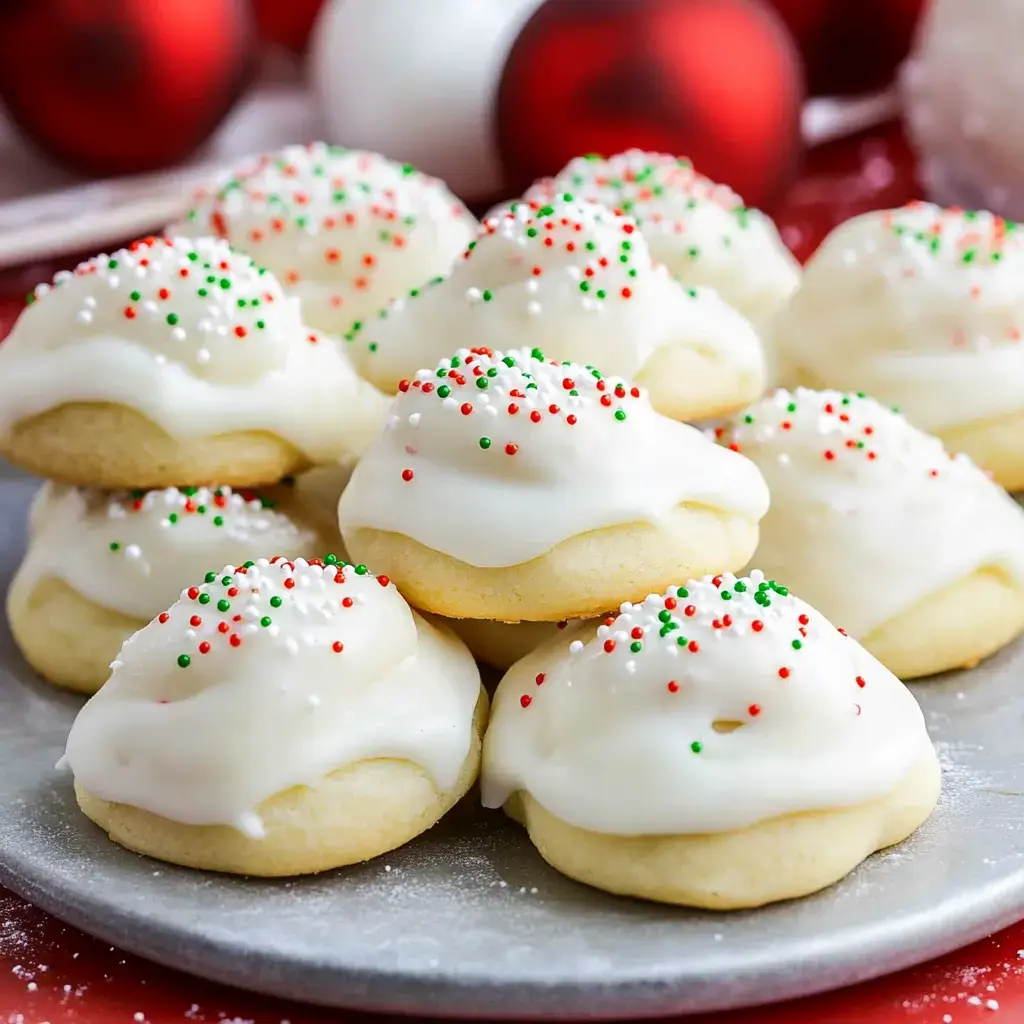 Un plato lleno de galletitas navideñas decoradas con glaseado blanco y grageas de colores, todo con fondo festivo.
