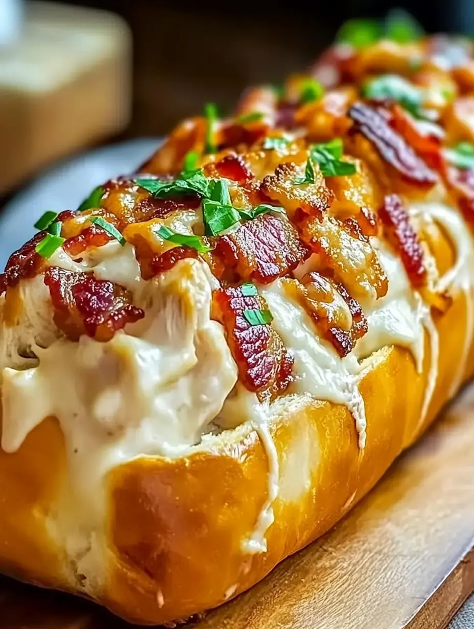 Detalle de un pan relleno con queso derretido, trozos de bacon y hierbas picadas, servido sobre una tabla de madera.