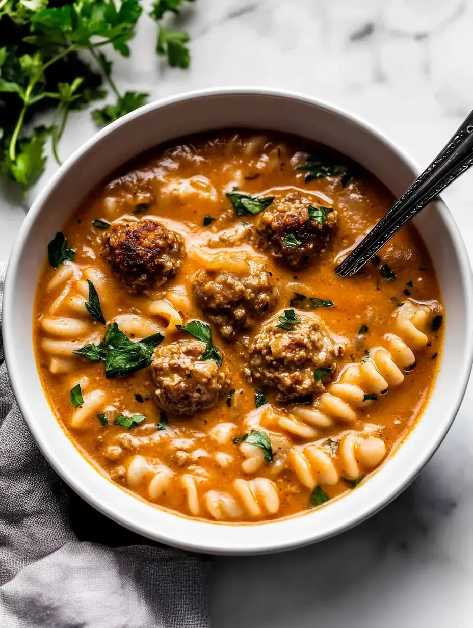 Sopa cremosa de pasta con albóndigas y perejil arriba.