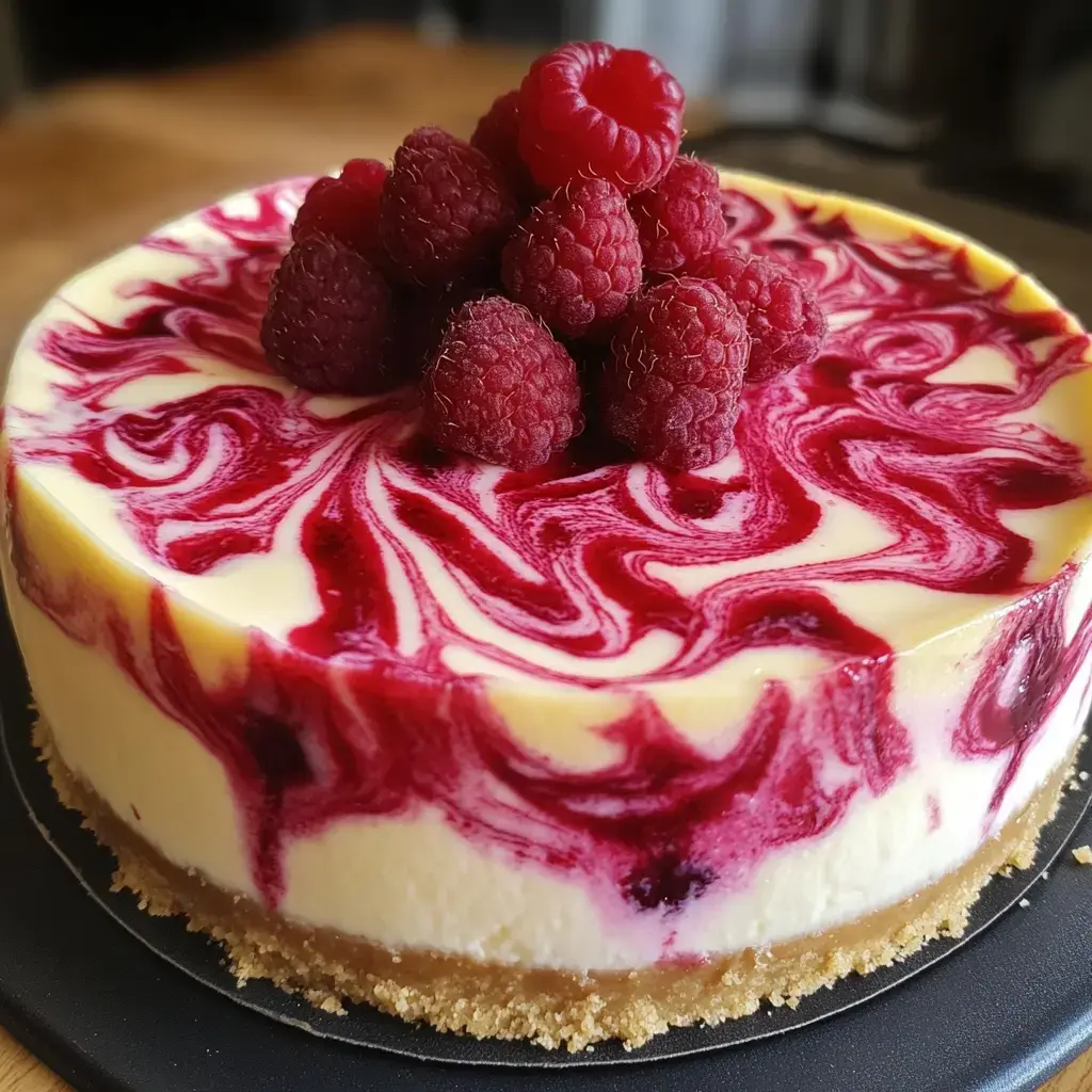 Cheesecake con remolinos rosados y frambuesas frescas sobre un plato oscuro.