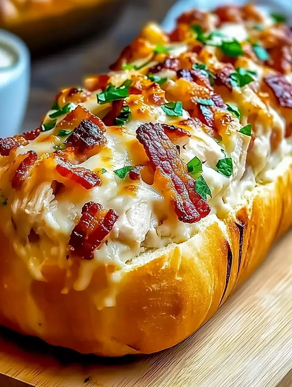 Pan dorado relleno con queso fundido, trocitos de pollo, bacon crujiente y hierbas frescas, sobre una tabla de madera.