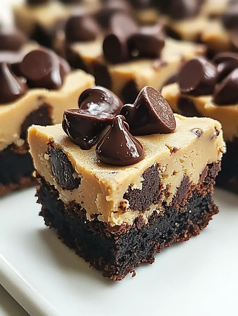 Detalle de un cuadrado de brownie con masa de galleta y chispas de chocolate, mostrando las capas claramente.