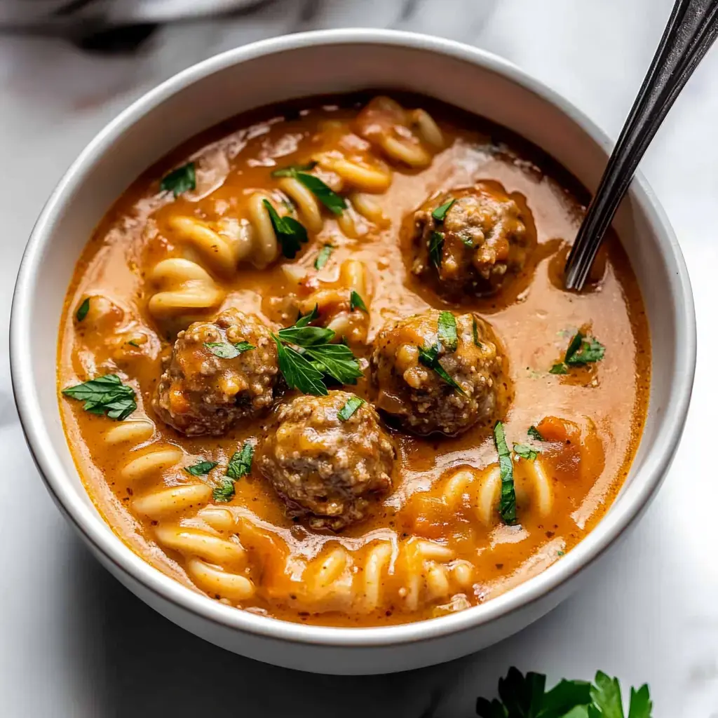 Bol repleto de sopa con albóndigas, pasta y perejil fresco encima.