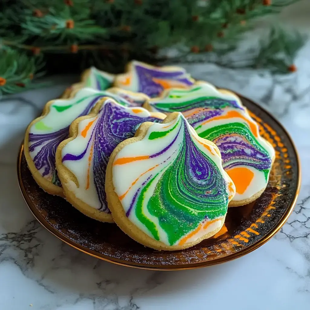 Un plato con galletas decoradas con glaseado marmoleado en tonos morado, verde y naranja sobre una mesa de mármol.
