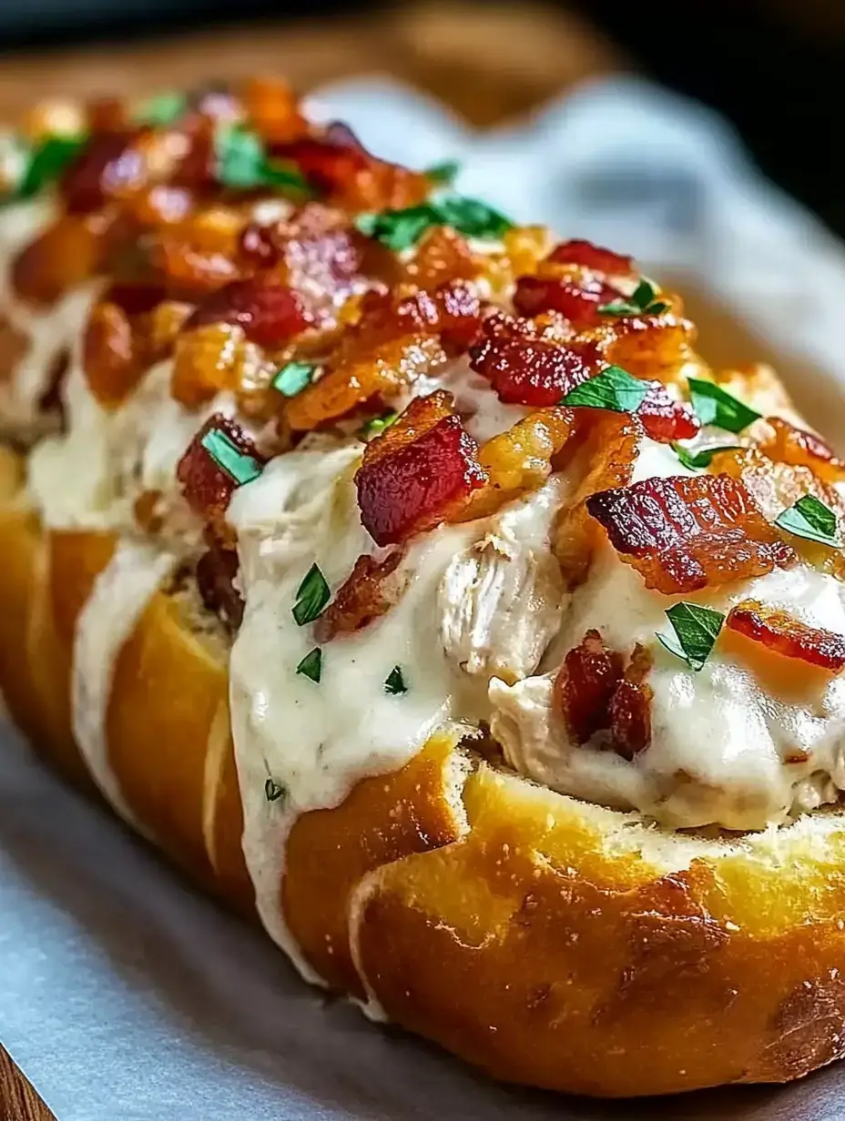 Pan relleno cubierto con salsa cremosa, trozos de bacon crujiente y hierbas picadas.