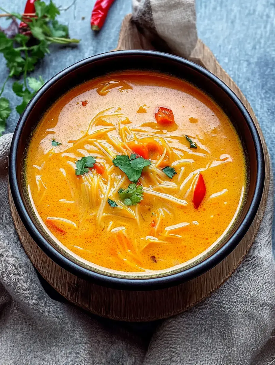 A bowl of creamy, orange-colored soup with noodles, garnished with chopped cilantro and pieces of red pepper, sits on a wooden surface with herbs and red chilies in the background.