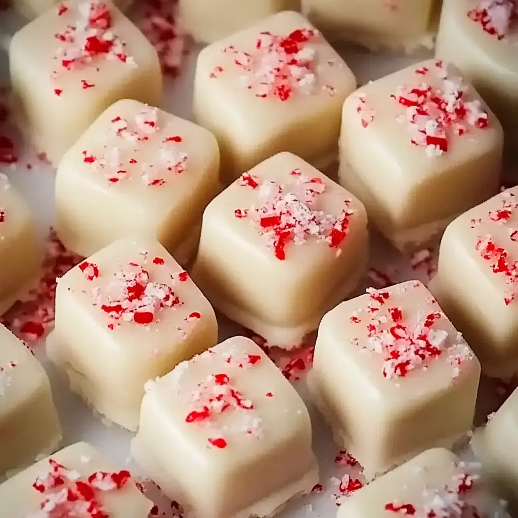 Vista cercana de cuadrados de chocolate blanco con trocitos de menta roja.