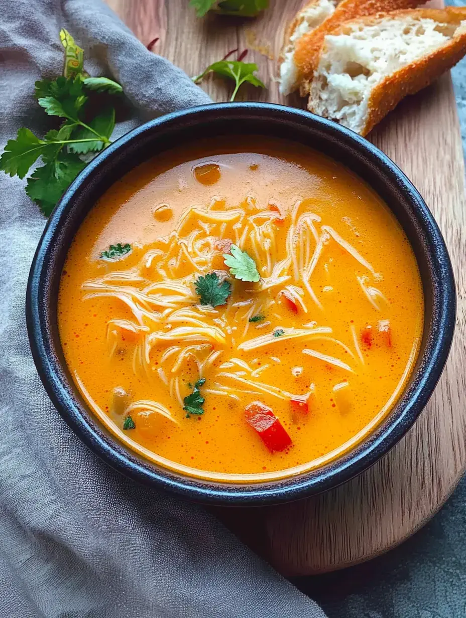 A black bowl of creamy noodle soup garnished with cilantro and red peppers, placed on a wooden surface next to a piece of bread.