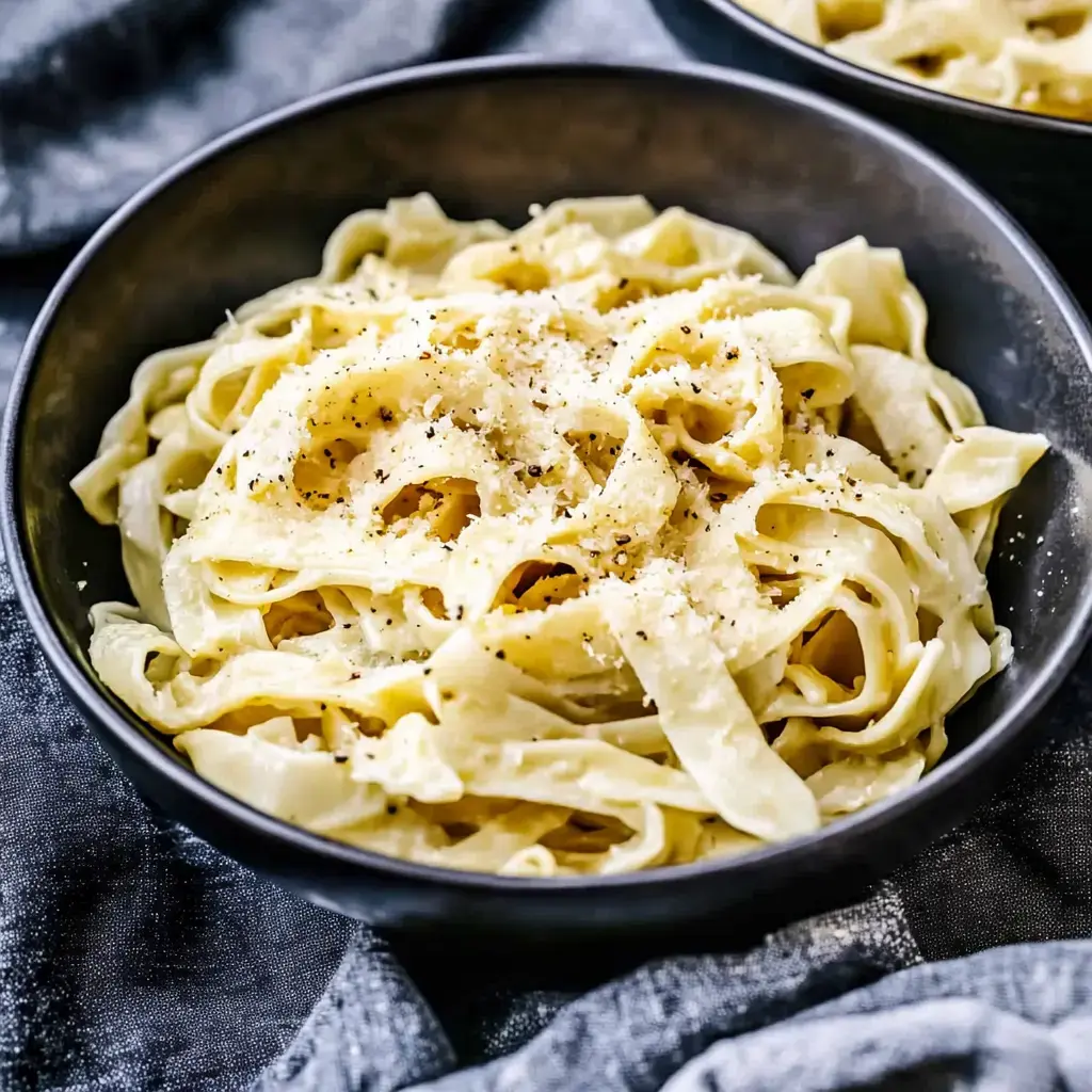 Un plato de pasta tipo fettuccine cubierto con queso rallado y pimienta negra.