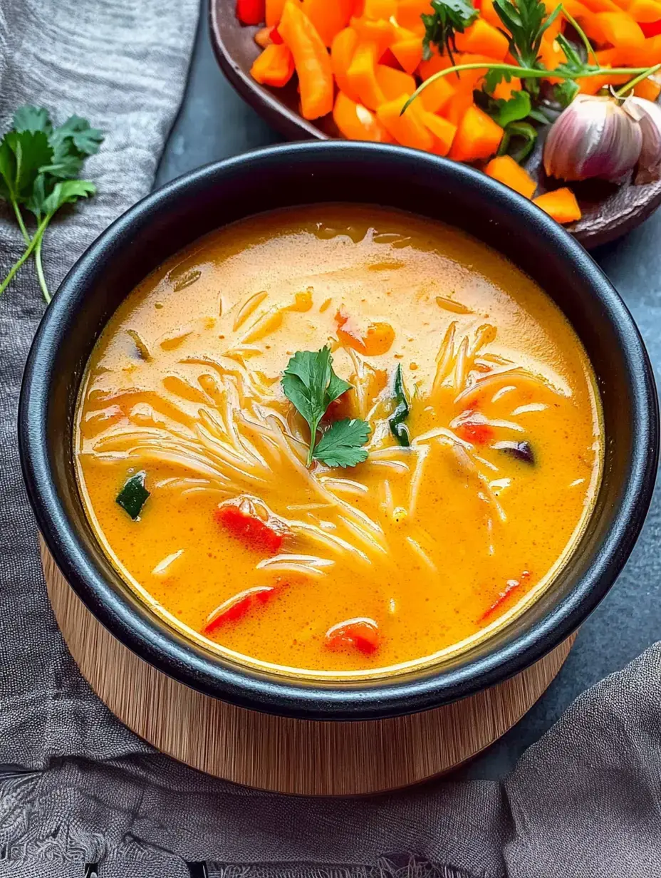 A bowl of flavorful soup with noodles and colorful vegetables is garnished with fresh cilantro, alongside a plate of chopped carrots and garlic.