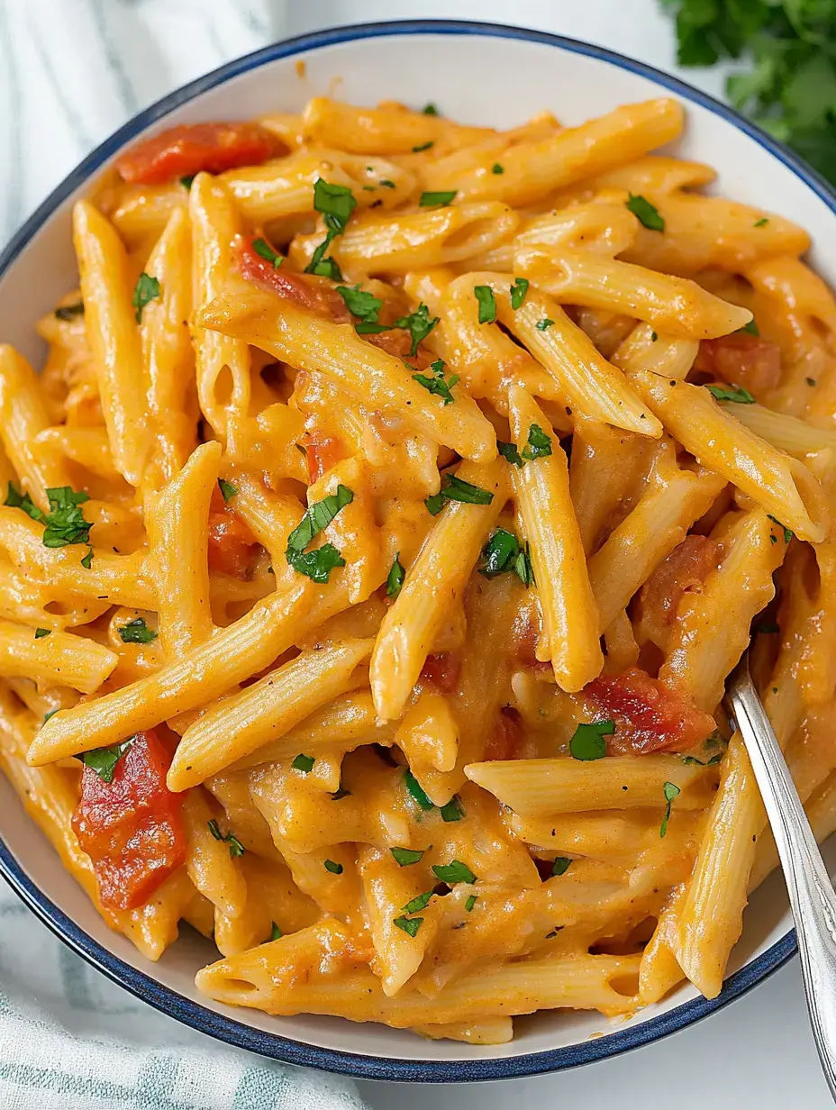 Un plato de pasta penne cremosa con tomate picado y perejil fresco por encima.