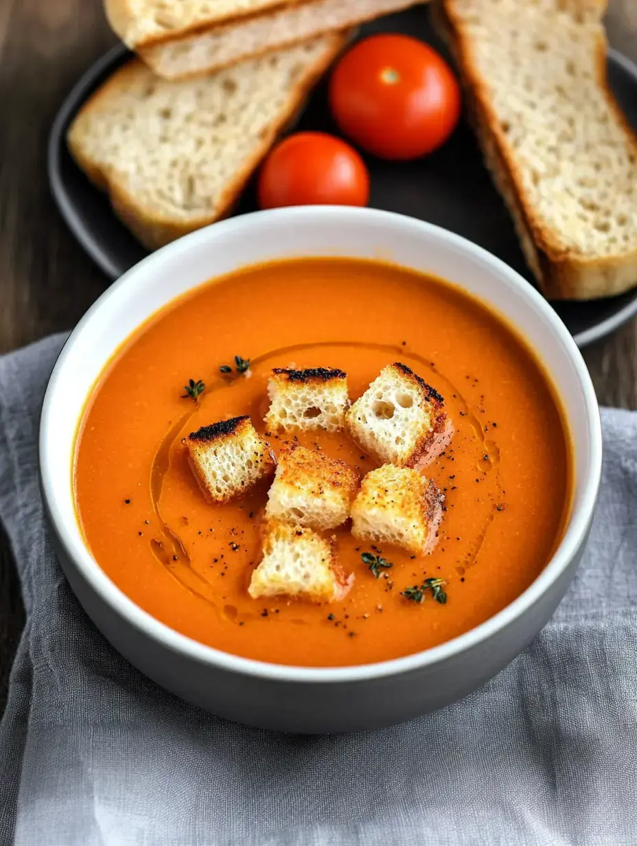 Un tazón de sopa cremosa de tomate con crotones y un chorrito de aceite de oliva, acompañado de rebanadas de pan y tomatitos cherry a un lado.