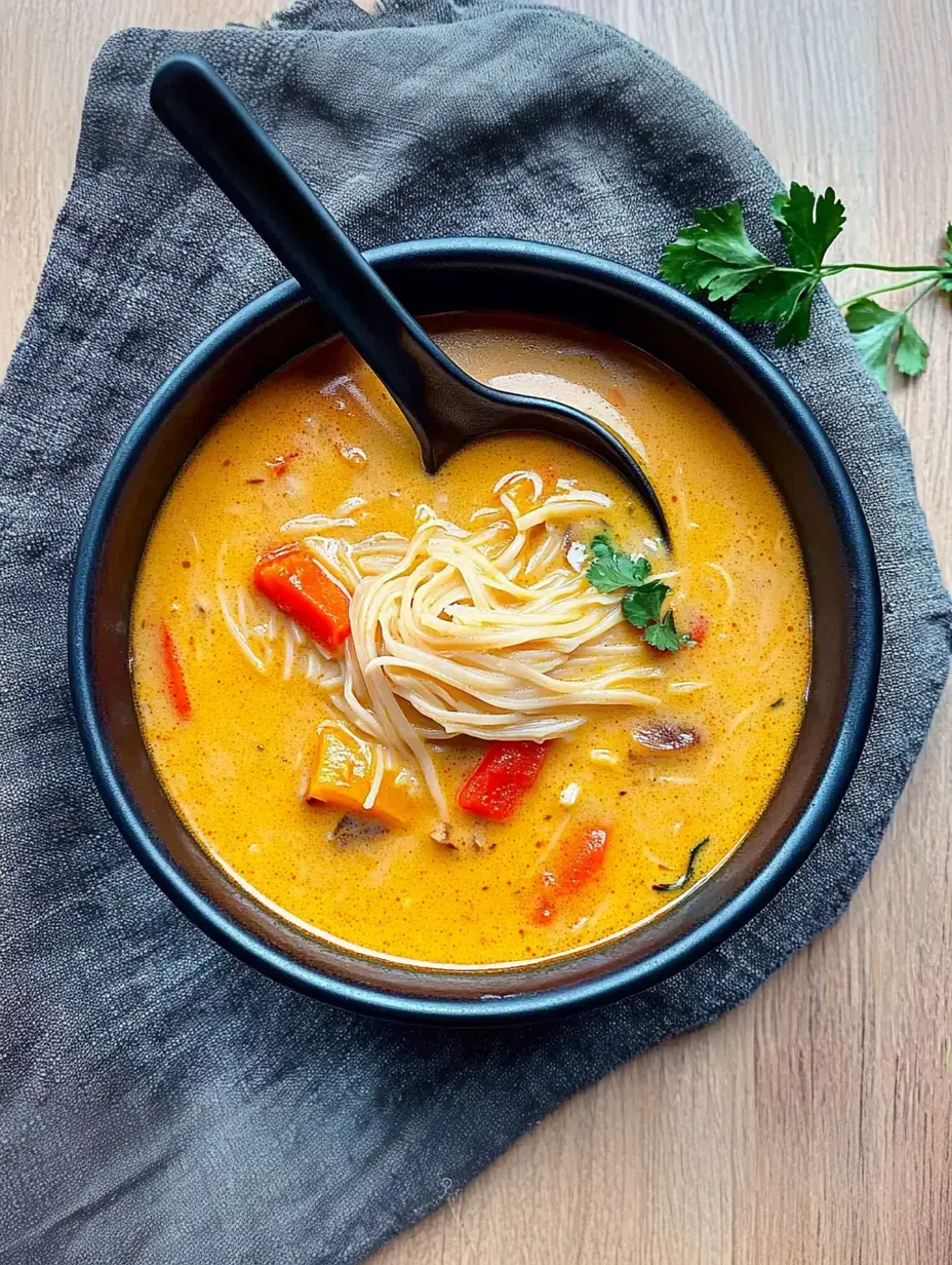 A bowl of fragrant noodle soup with vegetables, garnished with cilantro, resting on a gray cloth.