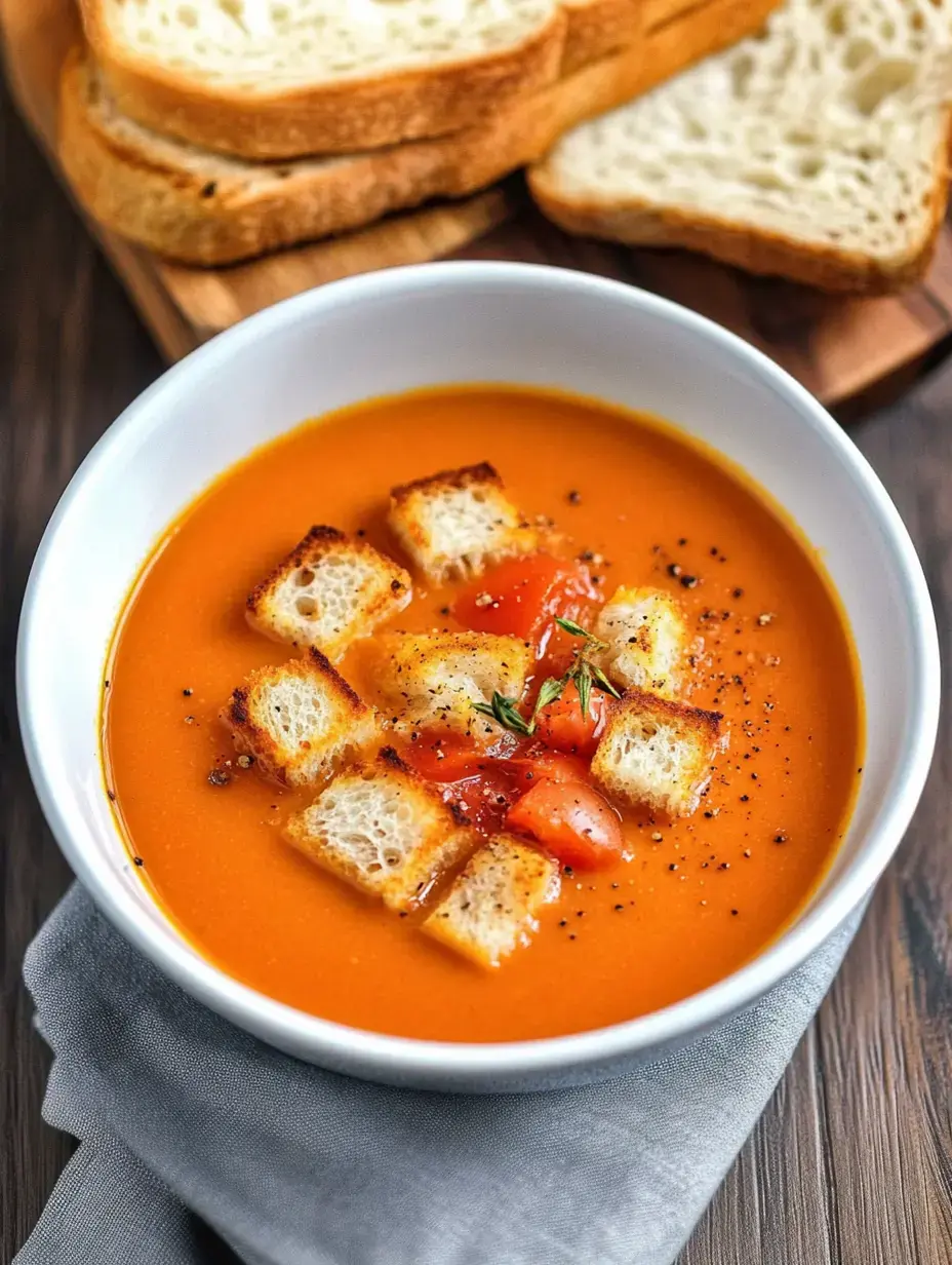 Un tazón de sopa de tomate con crotones y trozos de tomate, acompañado de pan en una tabla de madera.