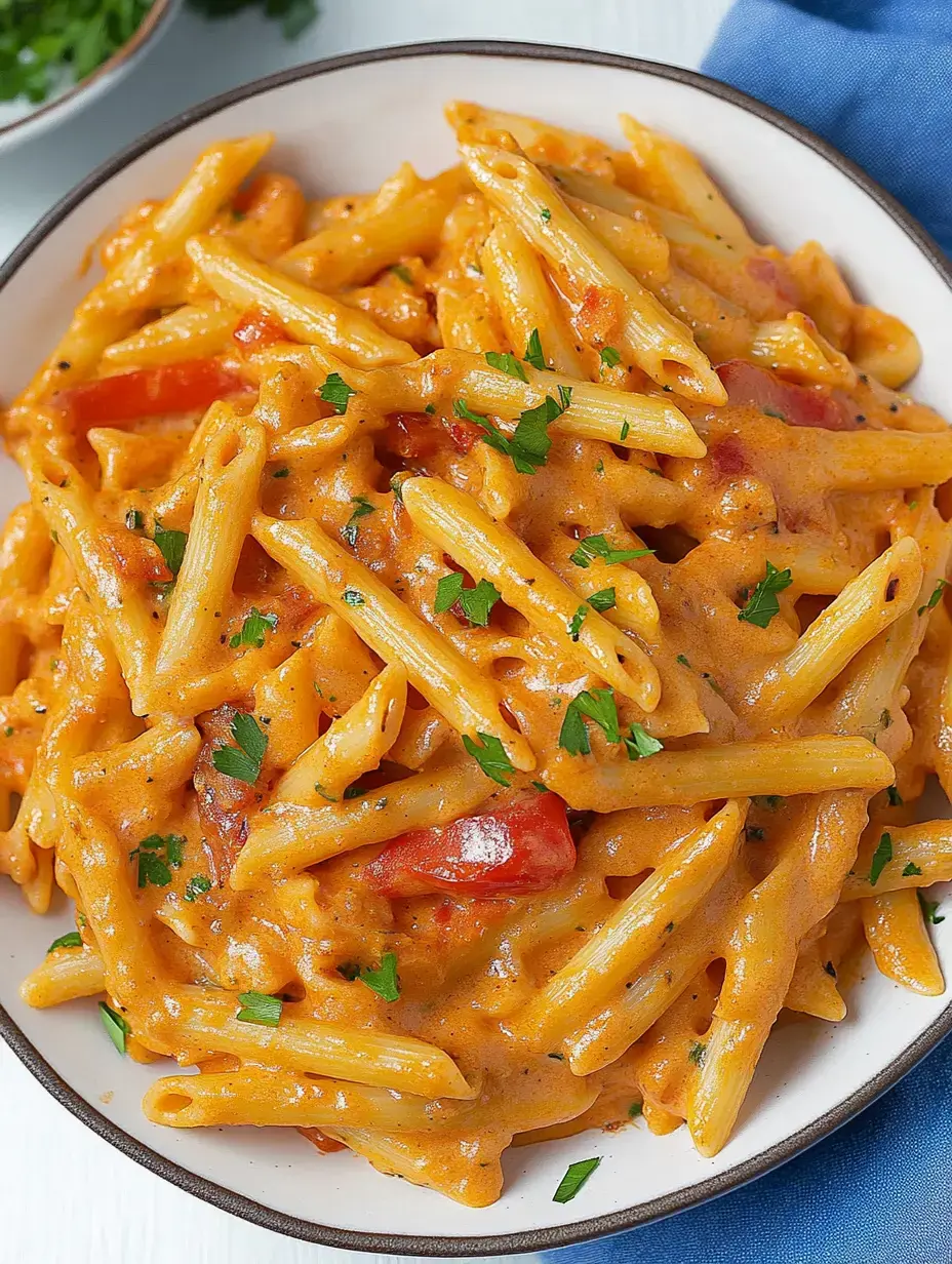 Plato de penne cremoso con tomate y perejil picado en un bol blanco.