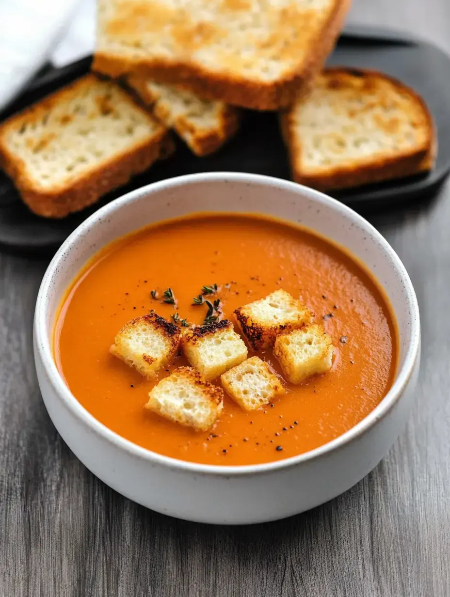 Un bol de sopa naranja con crotones y tomillo, junto a pan tostado.