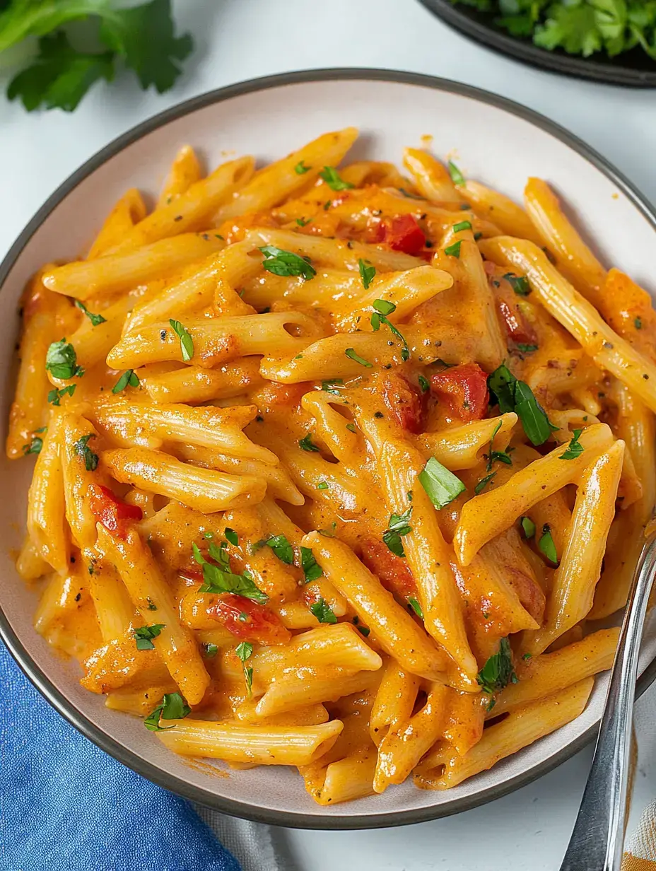 Plato de penne cremoso con tomates y perejil fresco.