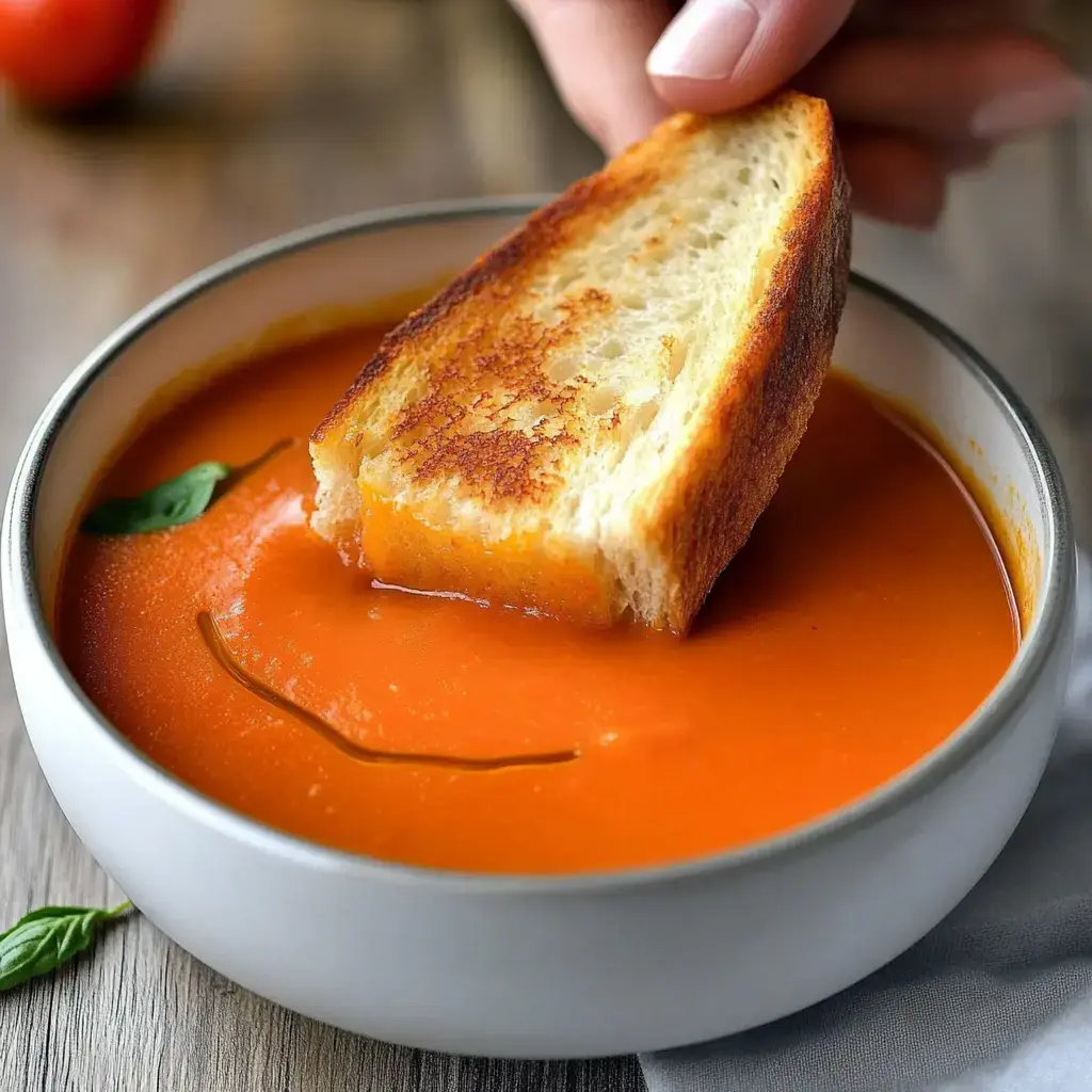 Un trozo de pan tostado se mete en una sopa naranja vibrante, decorada con una hoja de albahaca.