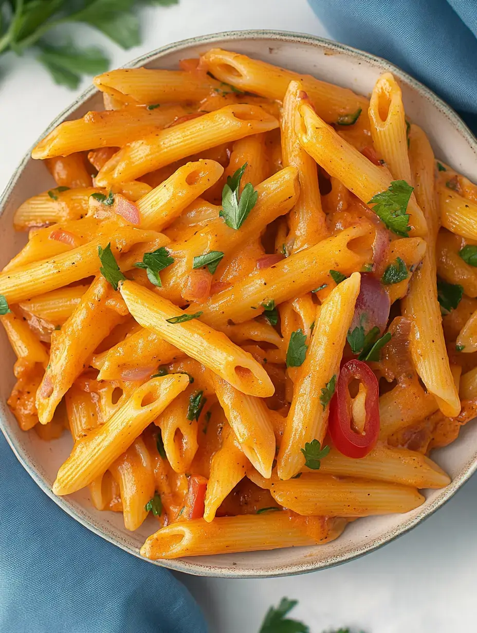 Bol con penne cremoso decorado con perejil fresco y rodajas de chile rojo.