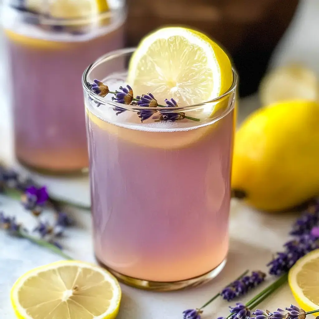 Un vaso de limonada con lavanda súper refrescante, decorada con una rodaja de limón y ramitas de lavanda, junto con más limones partidos y flores de lavanda.
